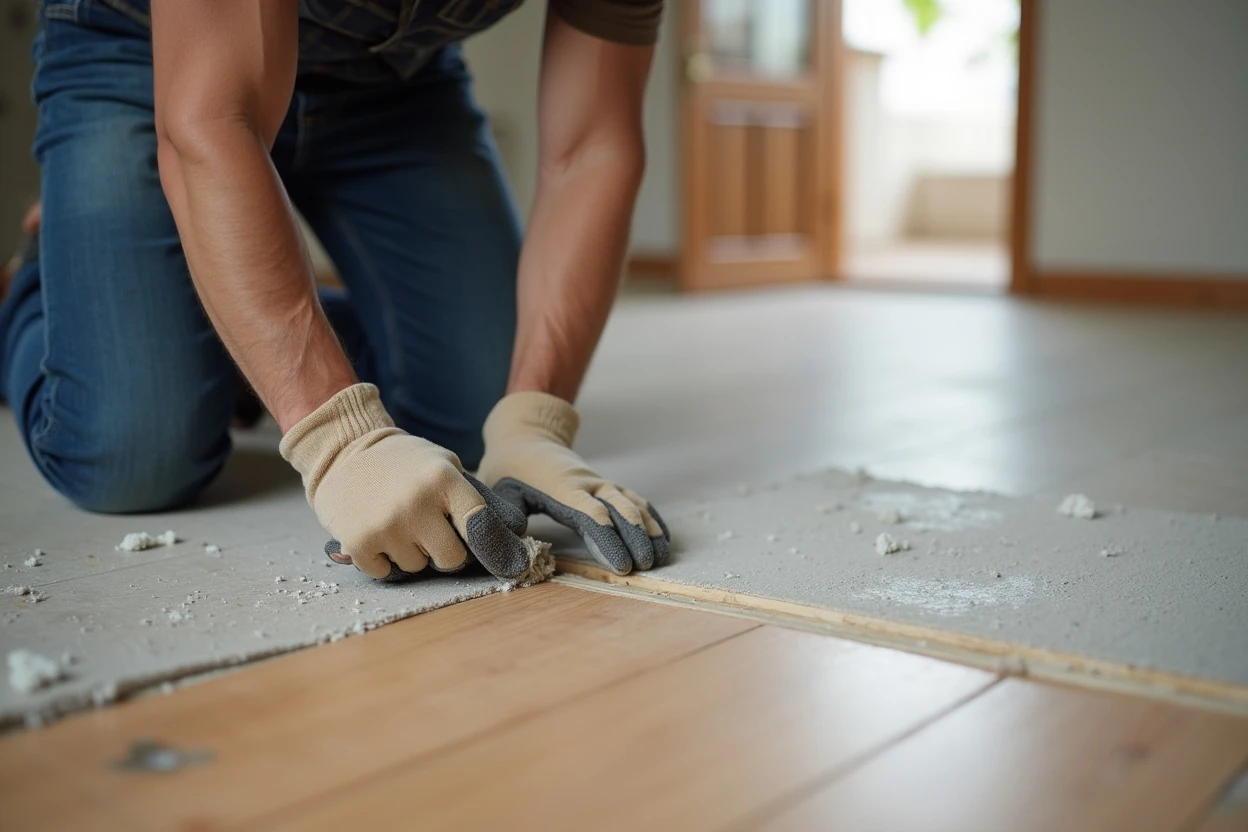 Mano revisando superficie de piso de madera