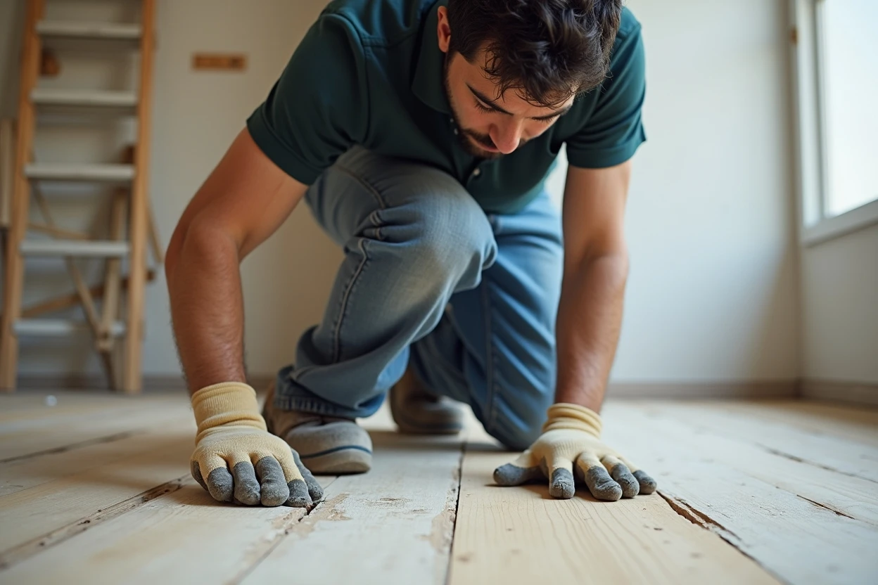 Técnico midiendo humedad en piso de madera